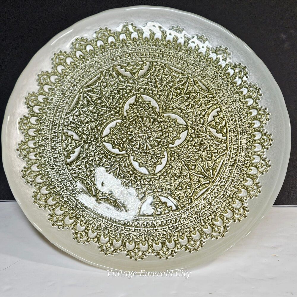 Vtg Turkish Glass White Cake Stand Pedestal Dessert Serving Platter Gold Lace